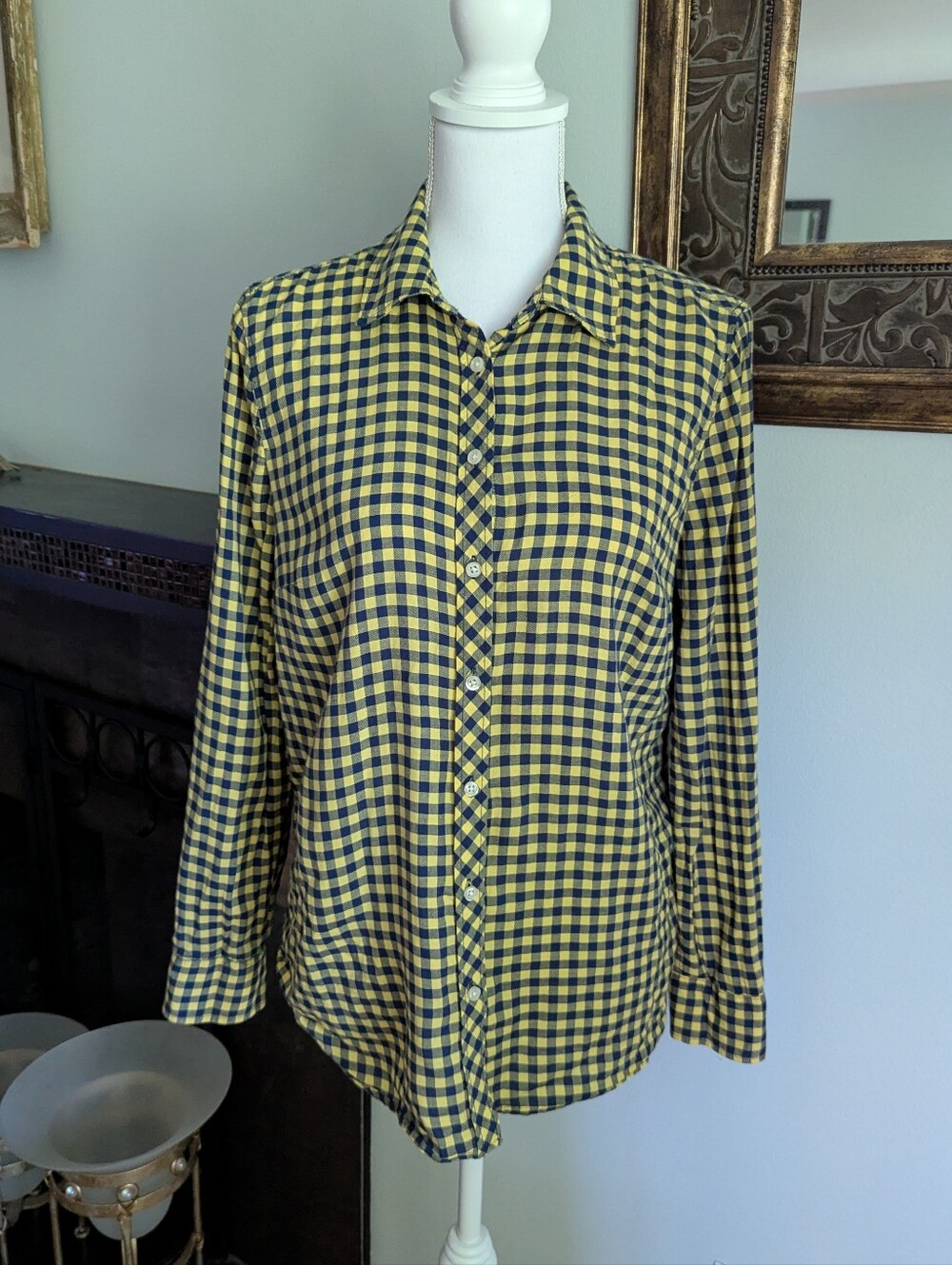 Talbots Womens Medium Yellow Blue Plaid Button Up Long Sleeve Top Michigan UofM